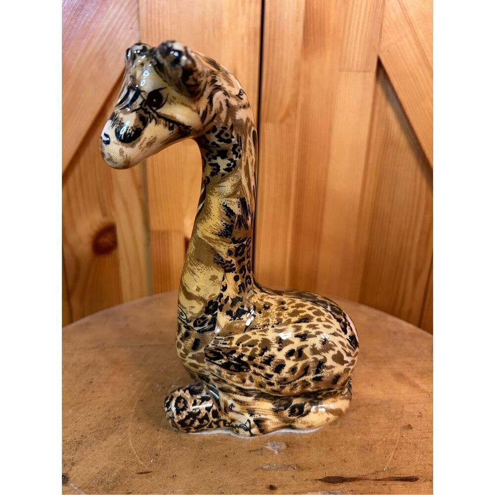 La Vie Glazed Animal Patchwork Print African Safari Figurine Sitting Giraffe “Ba